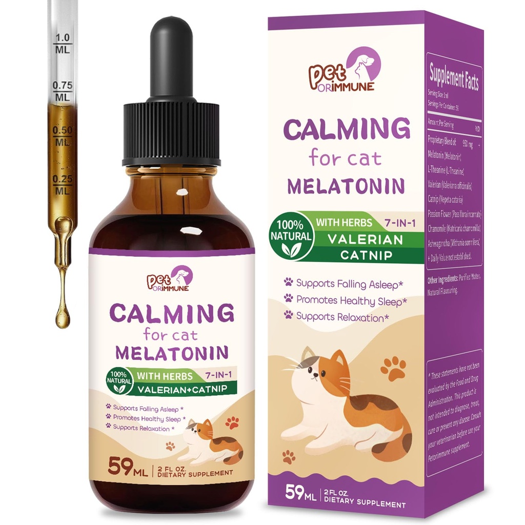 Cat Melontonin Calming Kandang Alam, Dukung Jatuh & Tidur Sehat, Herbal Extract Relaksasi Suplemen dengan L- Theanine, Valerian, Catnip, Passion Flower dan Chamomile. 2 oz