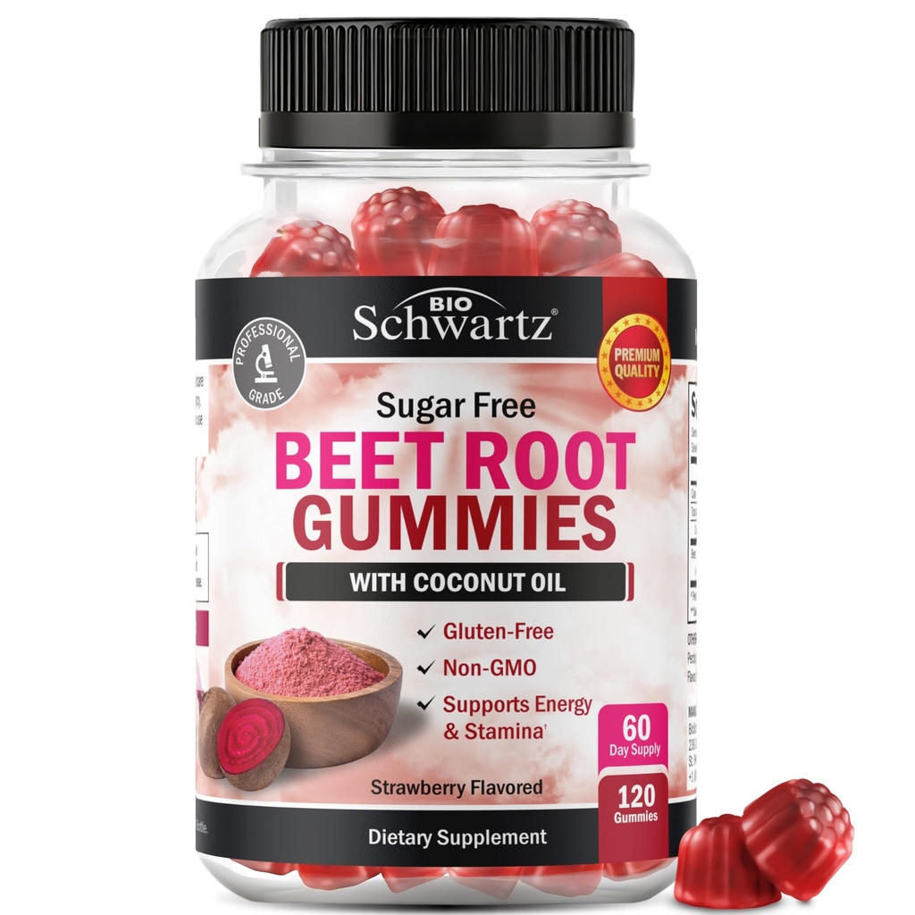 Sugar Free Beet Root Gummies - Nitric Oxide Gummies Digabung dengan Coconut Oil for Highest Absorpsi - Mendukung Energi & Whole Body Health - Delicious Strawberry Flavor - 120 Count (60 Hari Suppply)