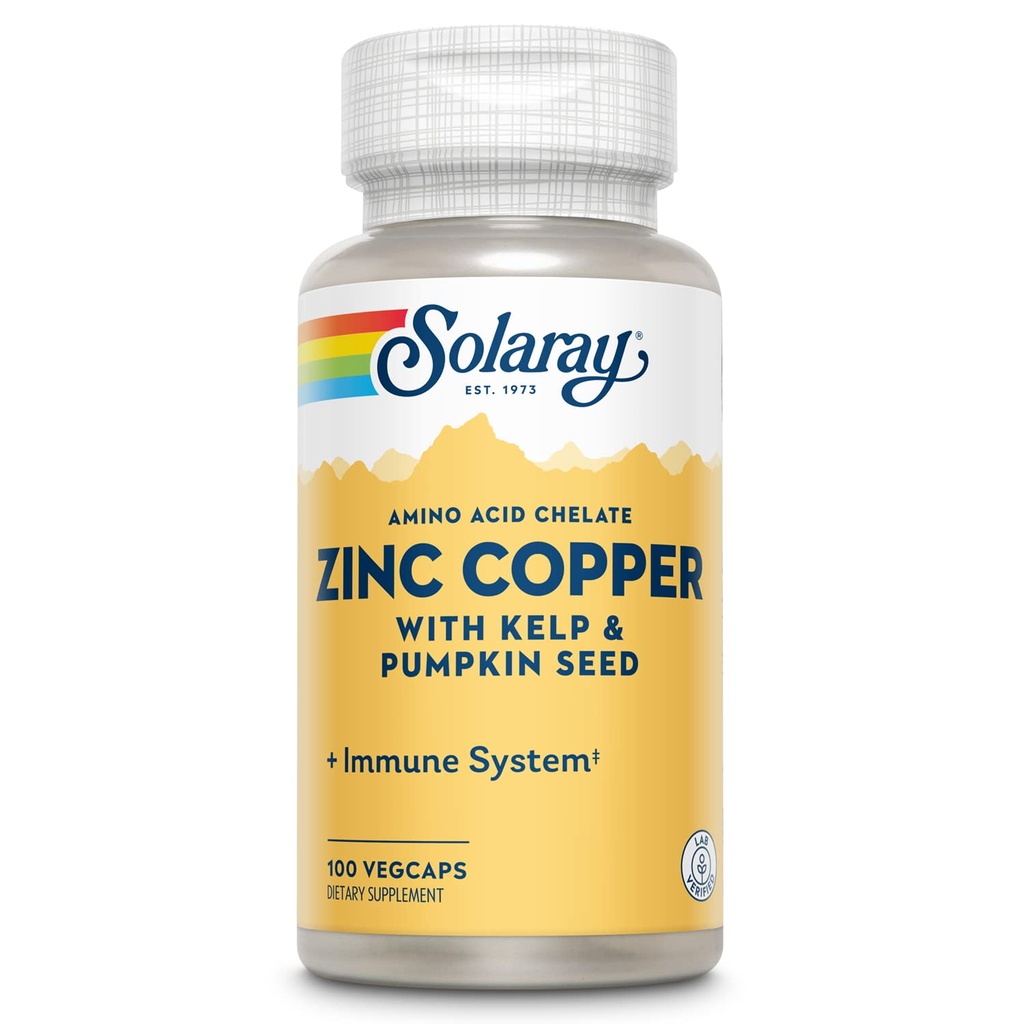 SOLARAY Zinc Copper Amino Acid Chelate - Imune Supplemen w / Cheric Zinc 50mg - Bone, Skin, Heart Health dan Thyroid Dukungan - dengan Iodin from Kelp, 60- Day Affitee, 100 Serv, 100 VevCaps