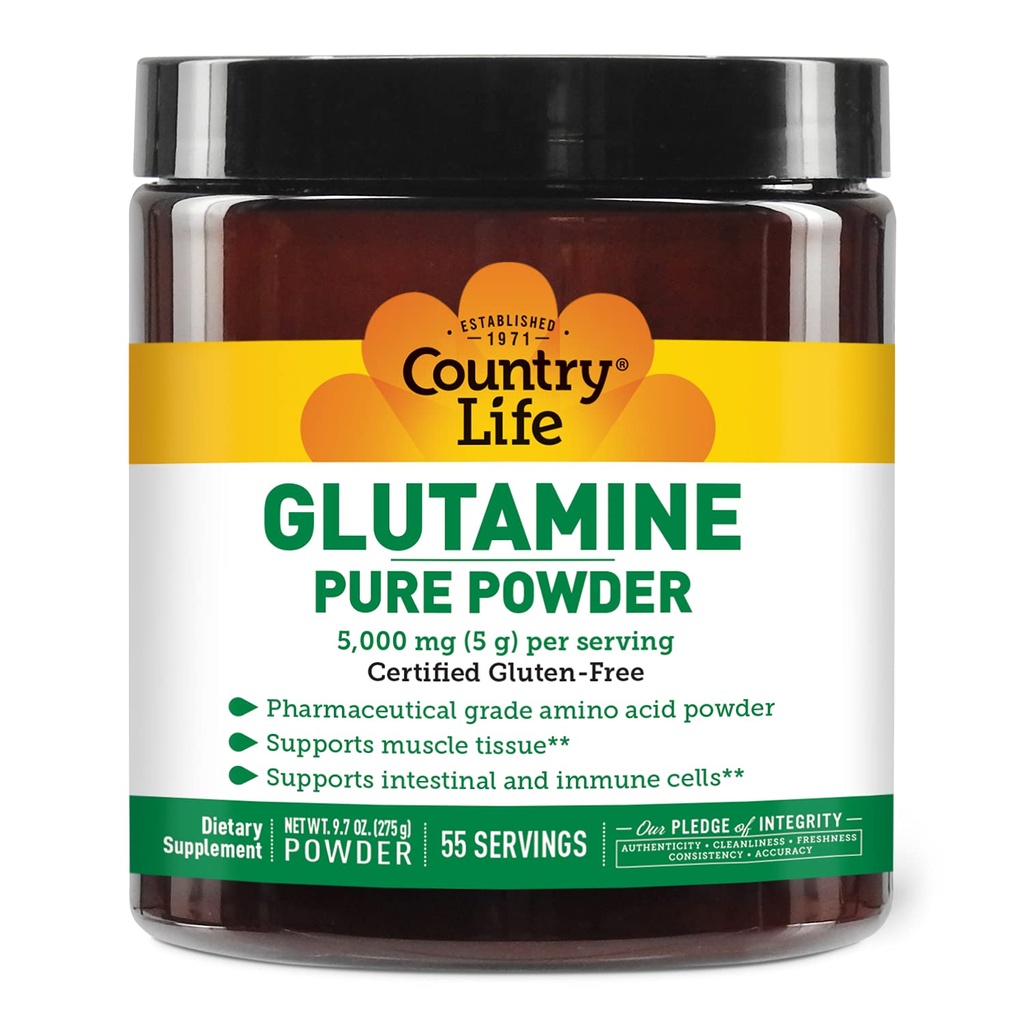 Country Life Glutamine Pure Powder - 5000mg L- Glutamine - Muscle Tissue, Gut Health, Imune Dulmune - Limten- Free Certifikasi - Ideal Pre / Post Workout Amino Acid Suplement, 55 Servings, 9.7oz