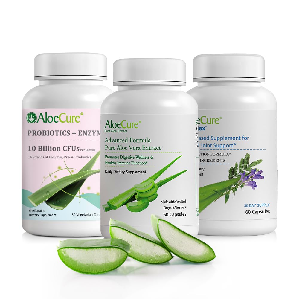 AloCure Organic Aloe Vera Capsules Pack - 3 Pieces - VeraFlex, Aloe Vera Capsules, Propoles + Enzymes