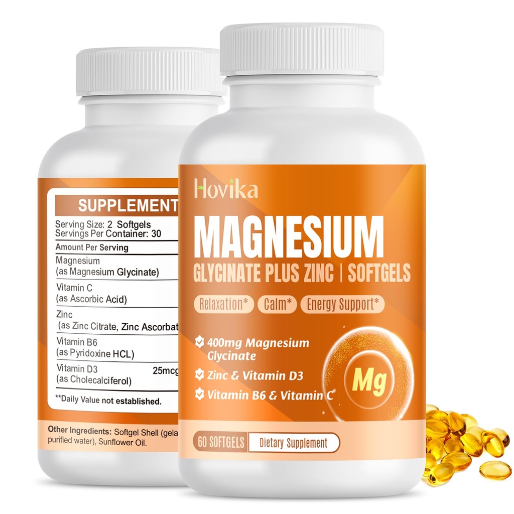Magnesium Glycinate Suffels, Magnesium Glycinate 400mg dengan Zinc, Vitamin B6, C, D3, Pure Magnesium untuk Tidur, Tenang, Muscle, Energi, Dukungan Jantung - 60 Vegan Capsules untuk Perempuan & Pria