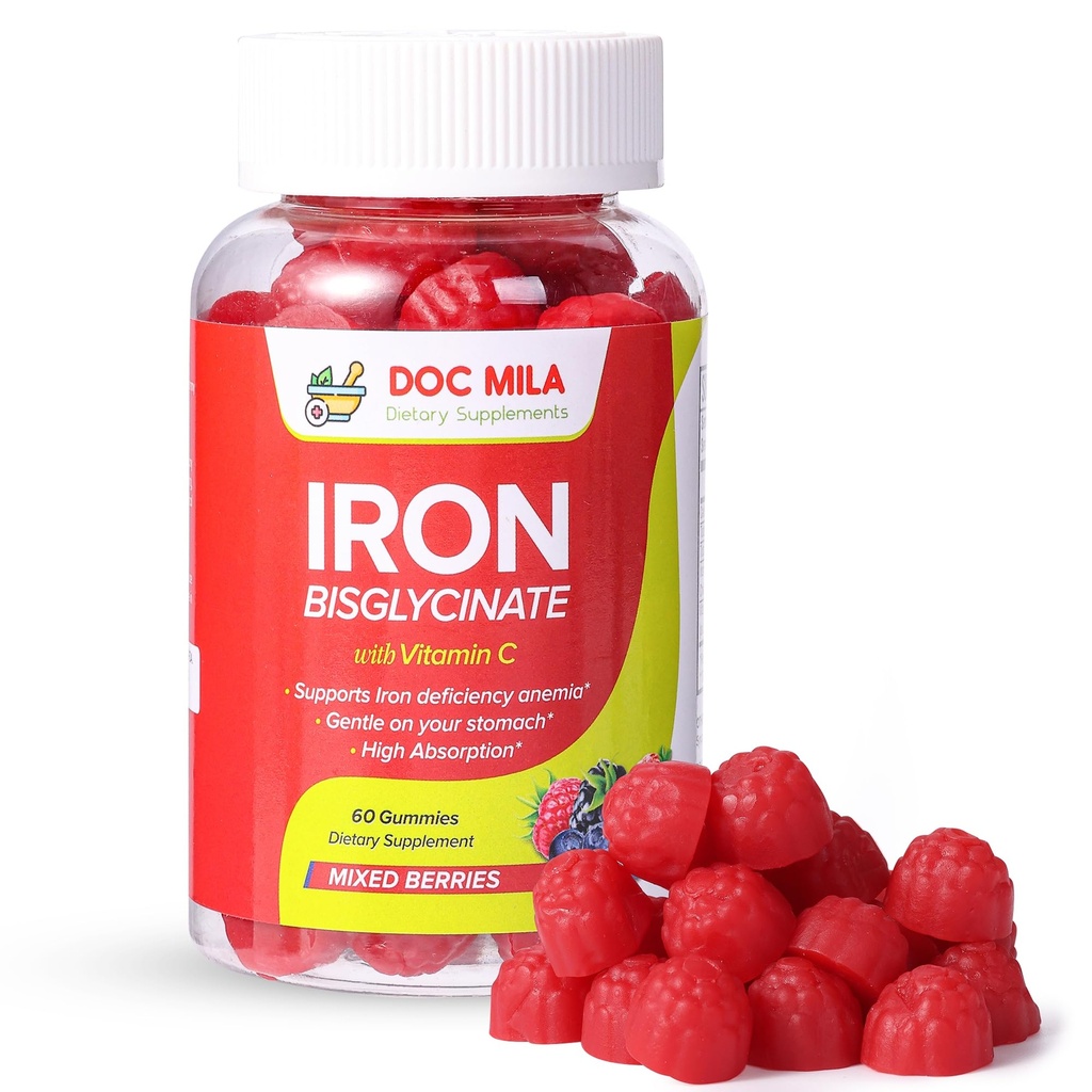 Tambahan Besi untuk Anak-anak dan Dewasa - Besi Bisglycinate Gummies 25mg dengan Lipomal VIT C - Melengkapi Tambahan Besi untuk Perempuan dan Pria - 60 Gummies, Persediaan 1 Bulan