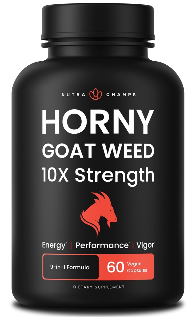 NutraChamps Horny Goat Weed, 1000mg Epimedium Energy Suplement, 10X Stromiin, Ginseng, Tribulus & Maca Pills for Women & Men, Enhanced Absorpsi dengan Black Pepper, 60 Vegan Capsules
