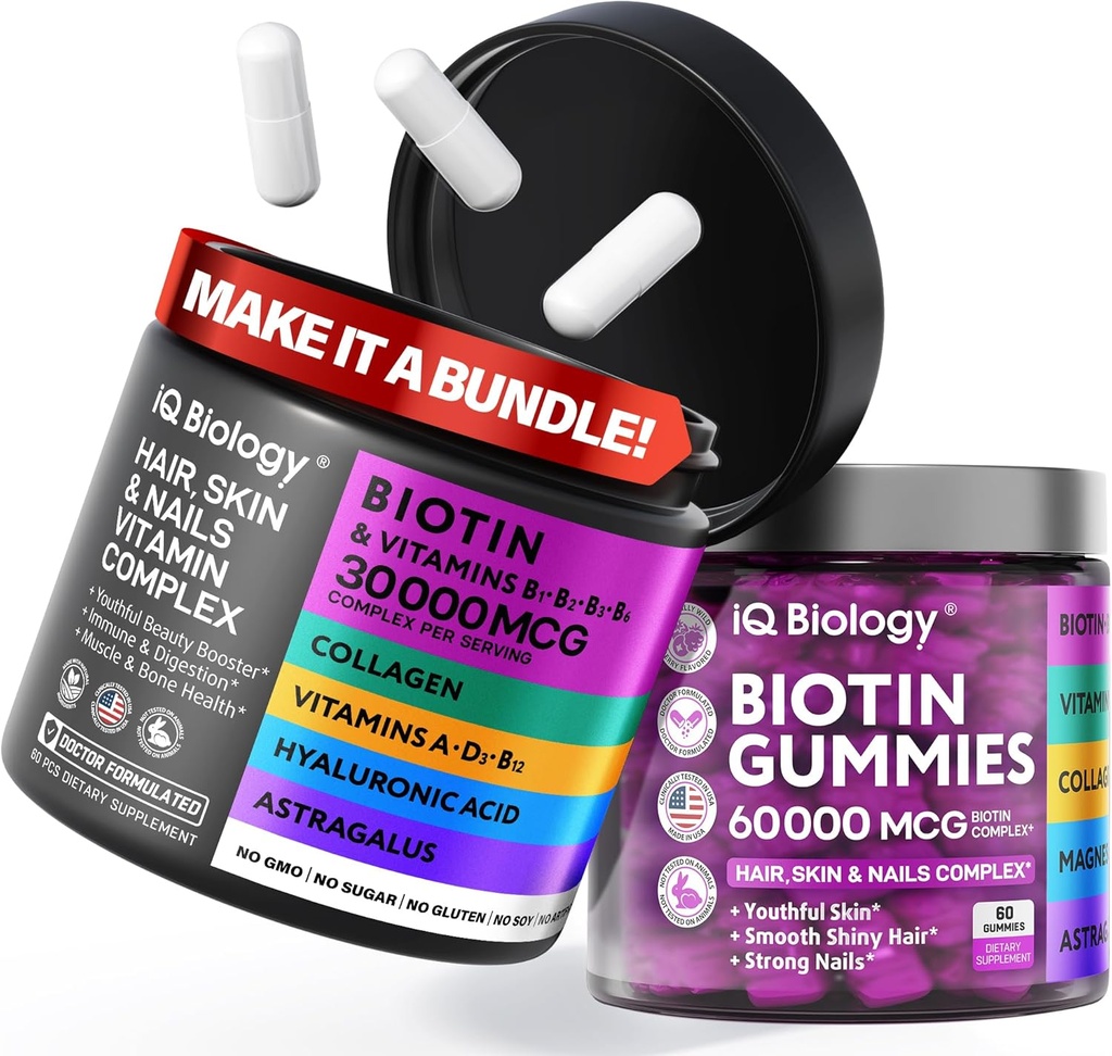 Biotin Growth Bundle - Biotin Vitamin & Kertin Kapsules + Hair Gumi dengan Collagen & Astragalus - Hair Nails Vitamin untuk Perempuan & Pria 124; 60 Caps + 60 Gummies