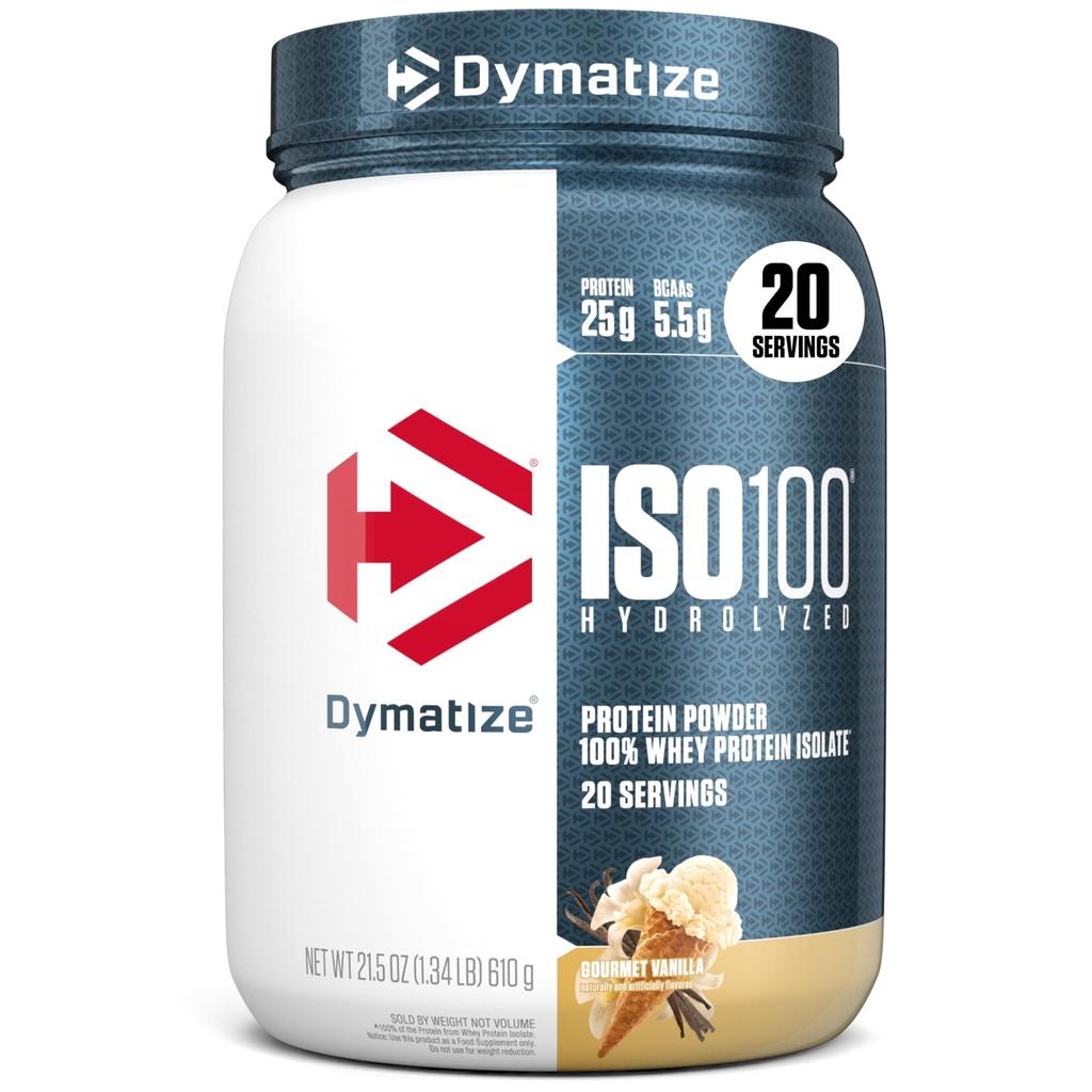 dymatize ISO100 Whee Protein Powder Isolat, Gourmet Vanila, 25g Protein, 5.5g BCAAs, Kurang dari 120 Cal., Gluten Bebas, 1g Fat, 1g Sugar, 2g Carb (20 Pelayan)