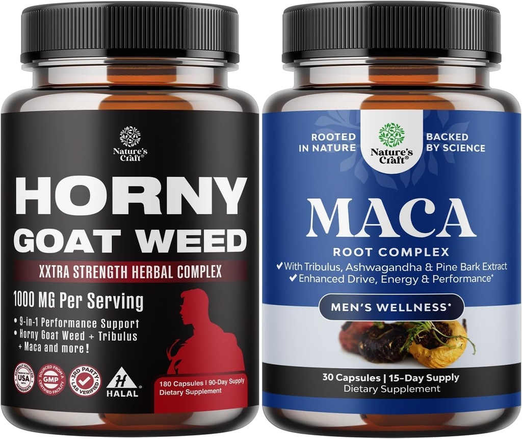 Bundle of Horny Goat Weed with Black Maca Root, Tonkat Ali, Saw Palmetto & Panax Ginseng Extract for Stamina & Energy and Black Maca Root with Siberian Ginseng Ashwagandha - Men 's Wellness Suplemen