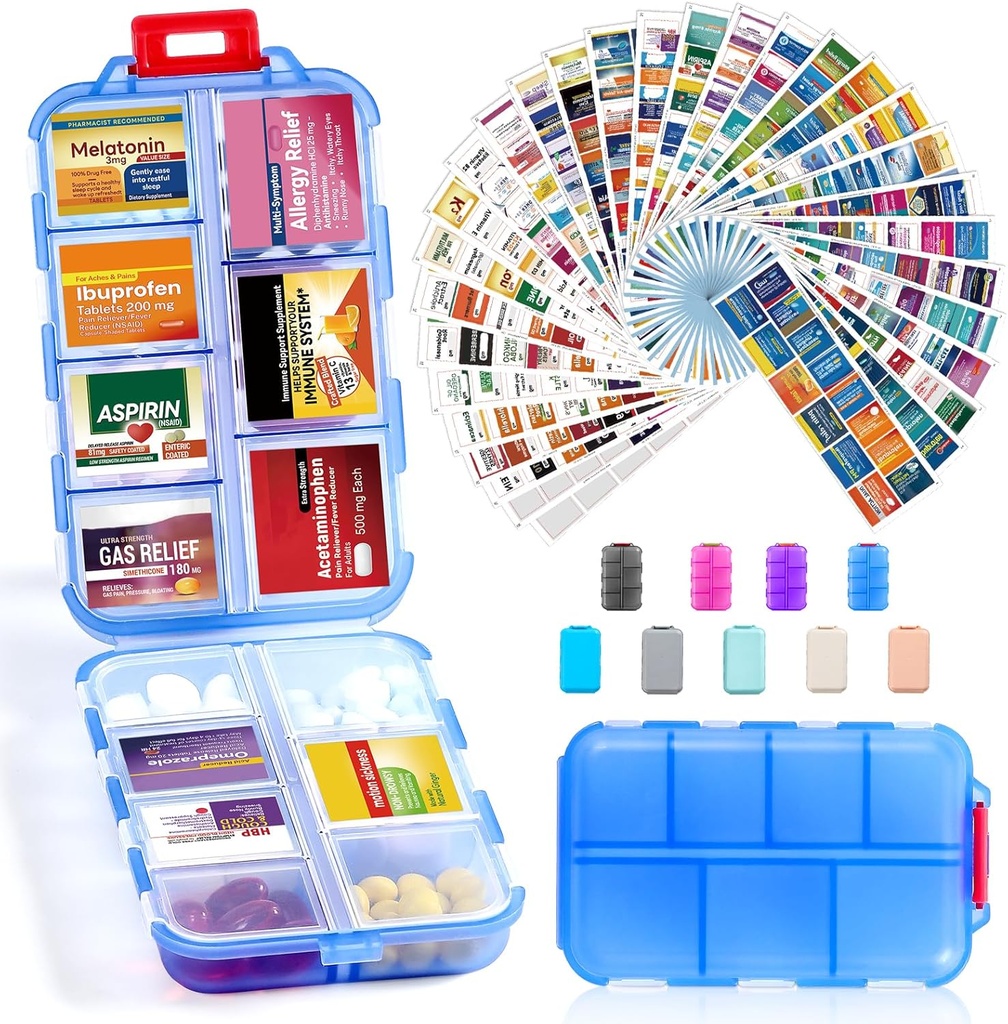 14 Grids Travel Pill Organizer Box dengan 415- Pcs Medics Name Label - Pocket Daily Farmacy Case Container Kit - Travel Medication Holder Dispenser for Fish Oil Vitamin Penyimpanan - Clear Blue