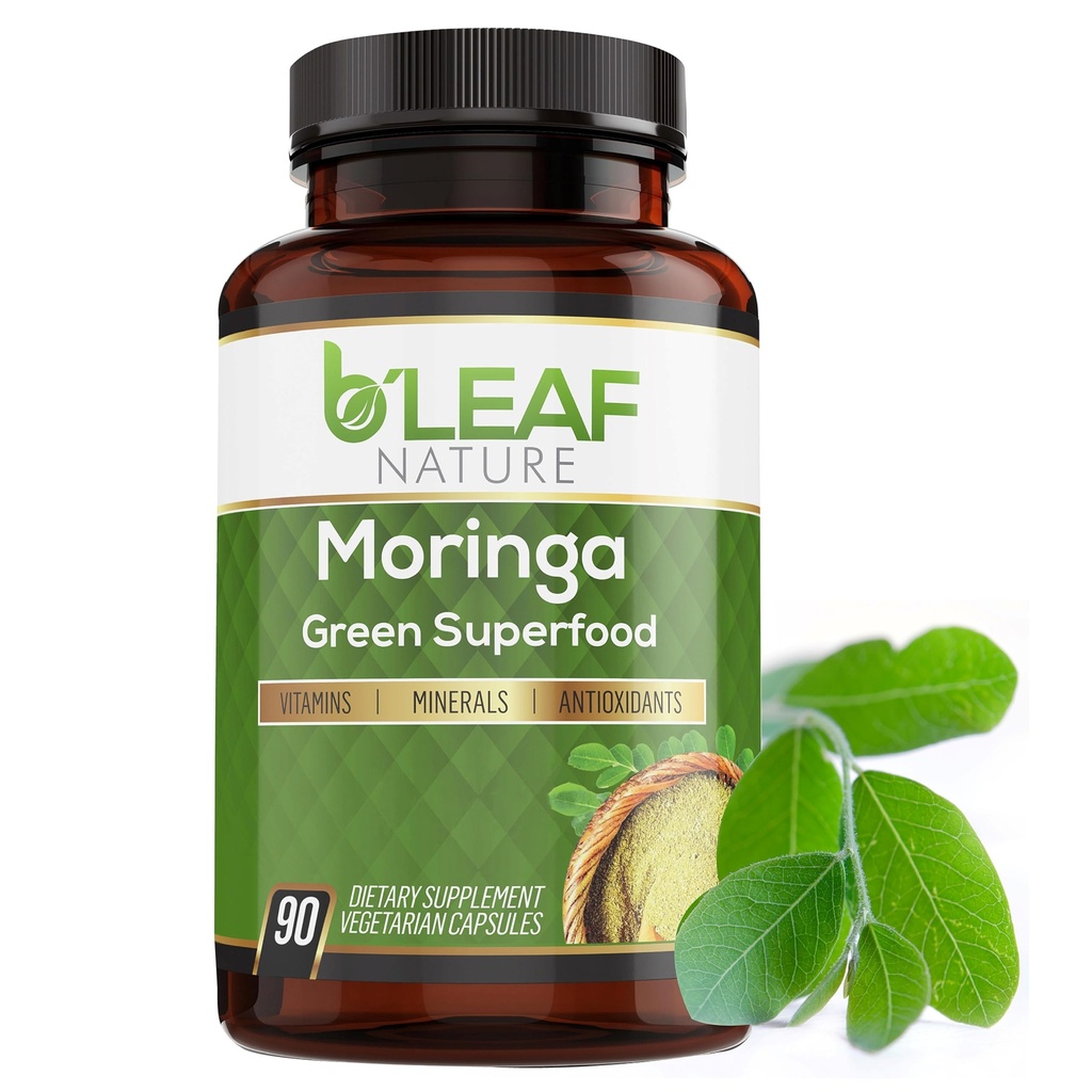 B 'LEF NATURE Organic Moringa Capsules 1000mg, 90 Count - Moringa Capsules dengan Olefeira Organik bubuk untuk Dukungan Imune, Energi & Saldo - Vegan, Non-GMO Suplemen untuk Harian Wellness