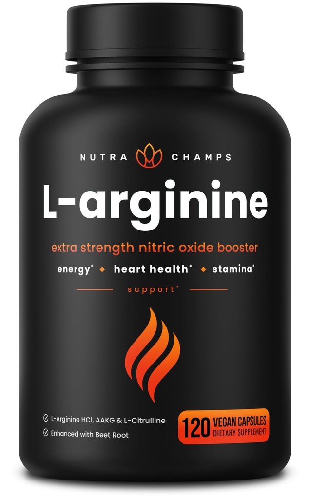 NutraChamps L-Arginine Tambahan 10000mg + L-Citrulline 250mg & Beet Root - Nitric Oxide Booster untuk Heart Health & Stamina - Ekstra Kekuatan Amino Acid Complex - 120 Vegan Capsules