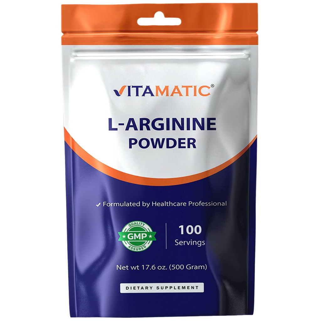 Vitamatic L-Arginine Pure Powder 500 Gram 124; Unflashored 124; Non GMO 124; Gluten Free 124; No Additives 124; 5000mg Per Serving 124; 100 Serving