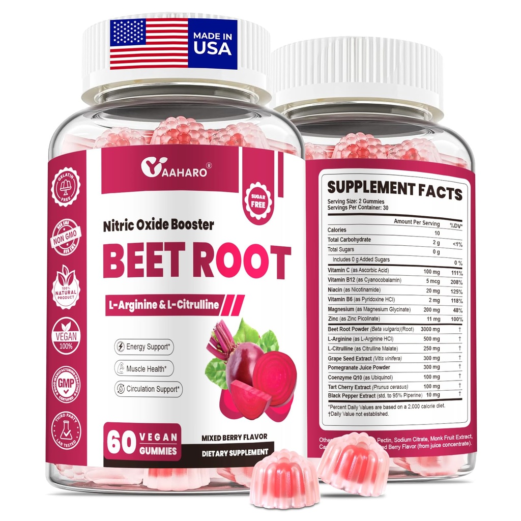 Beet Root Gummies - Nitric Oxide Booster Suplemen untuk Pria & Perempuan dengan Beetroot, L- Citrulline & L-Arginine - Jantung, Muscle & Circulation Dukungan - Sugar Free, Vegan, Campuran Berry Flavor, 60 Gummid
