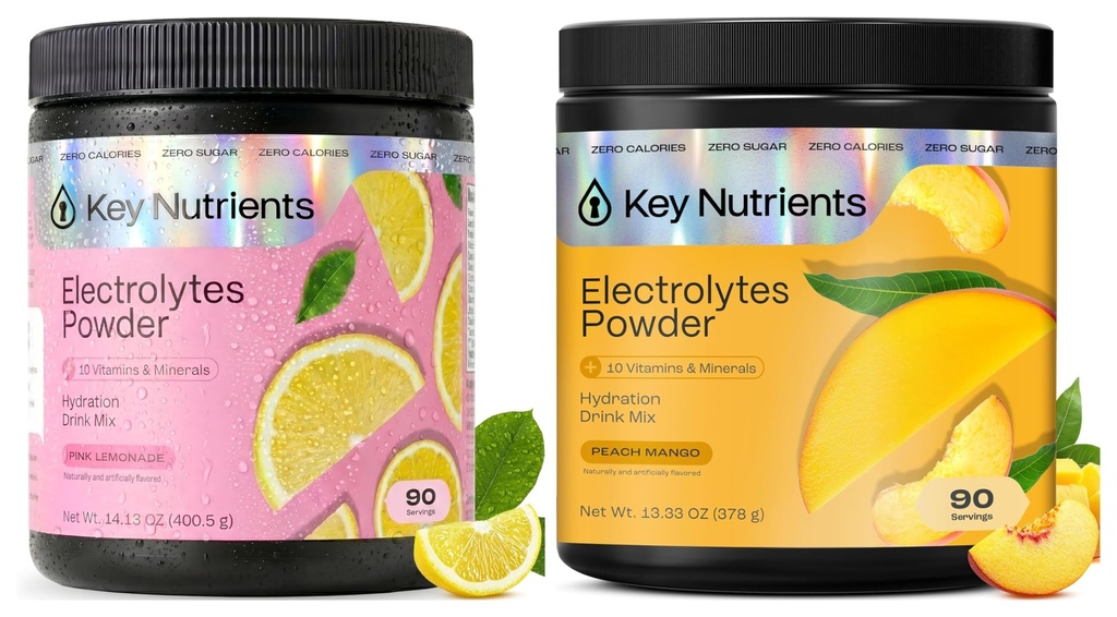 KEY NUTRIENTS Ultimate Hidration & Recovery Electrolite Bundle - Tropical Peach Mango & Fresh Pink Lemonade, Sugar- Bebas, 90 Hamba Masing-masing