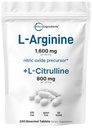 L-Arginine 1.600mg Nitric Oxide Suplement for Men with L- Citrulline, 240 Bisected Tablet 12.4; Nitric Oxide Preism 124; Muscle, Energy, & Heart Dukungan 14; Nor-GMO, Gluten Free - 4 Month Suppply
