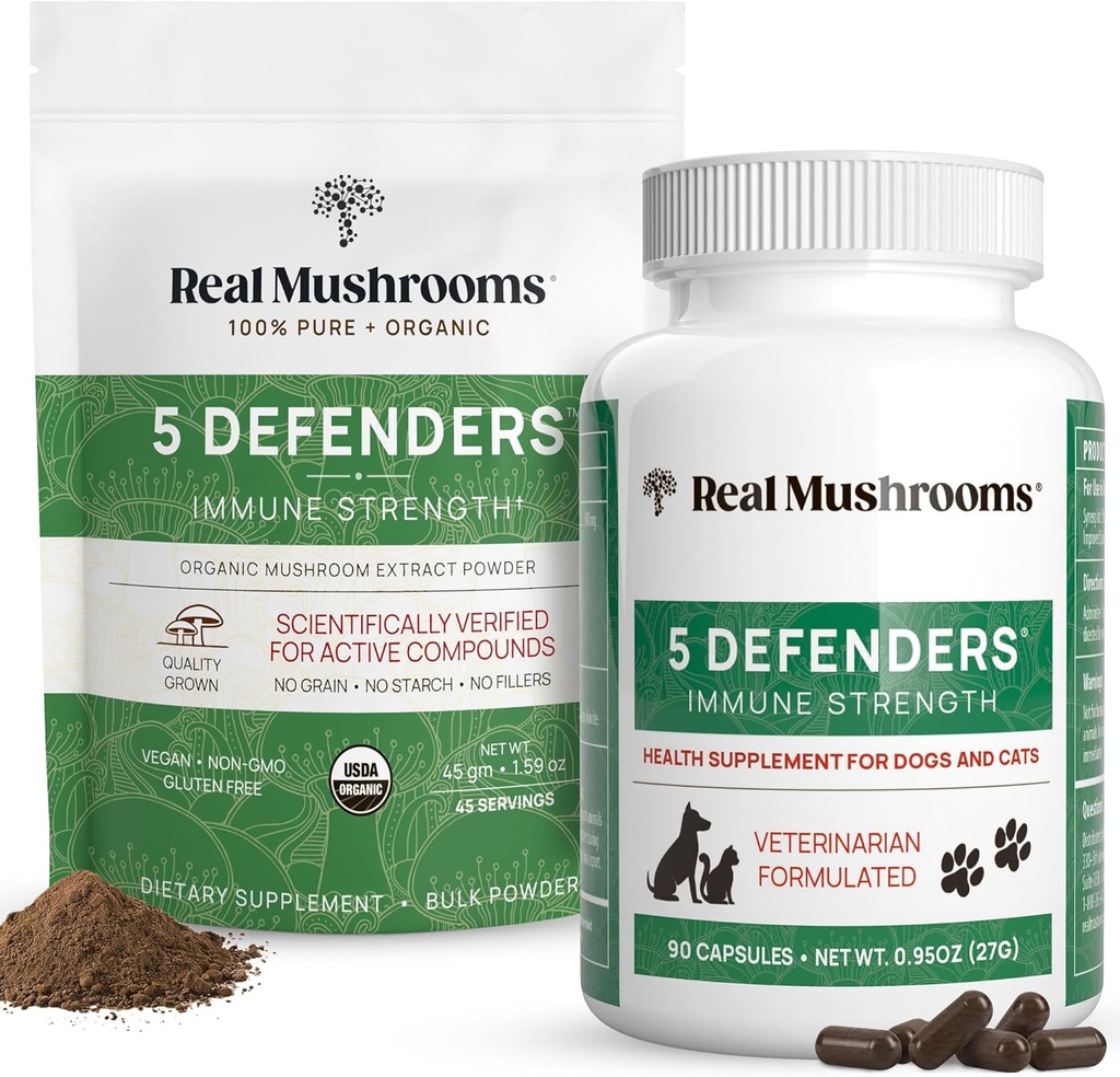 Mashroom 5 Defender for Human (45g) & Pets (90ct) - Pock & Capsules Bundle - Chaga, Shiitake, Maitake, Turkey Tail & Reishi Mushroom - for Immune Stremiune - Vegan, Non-GMO