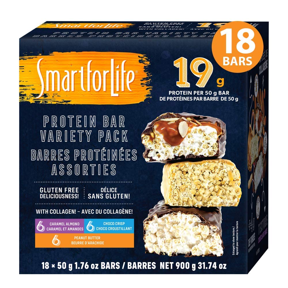 Smart for Life - High Protein, Low Sugar Bar Variety Pack, Gluten Free Caramel Almond, Coklat & Peanut Butter Chocolate pengganti Bars Works dengan Cookie Diet Non-GMO 18ct
