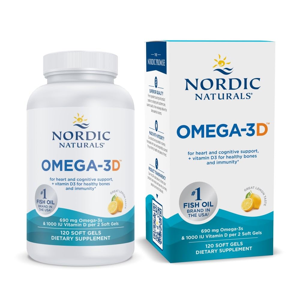 Nordic Averal Omega-3D, Lemon Flavor - 120 Soft Gels - 690 mg Omega-3 + 1000 IU Vitamin D3 - Minyak Ikan - EPA & DHA - Imune Dukungan, Otak & Hati Kesehatan, Bones - Nun-sehat - 60 Pelayan