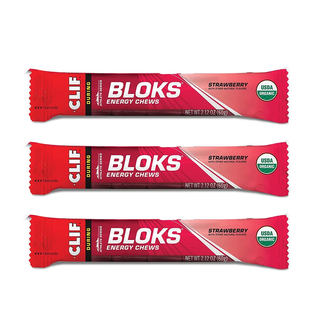 CLIF BLOKS - Energy Chews - Strawberry- Non- GMO - Plant Based Food - Fast Fuel for Cycling and Running-Workout Snack (2.1 Ounce Packet, 3 Count)