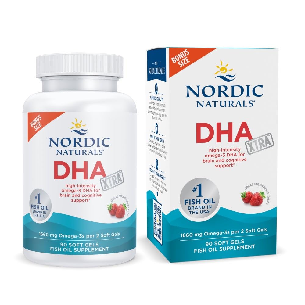 Nordic Averal DHA Xtra, Strawberry - 90 Soft Gels - 1660 mg Omega-3 - High- Intensity DHA Formula Formula untuk Dukungan Sistem Otak & Gugup - Non-GMO - 45 Servings