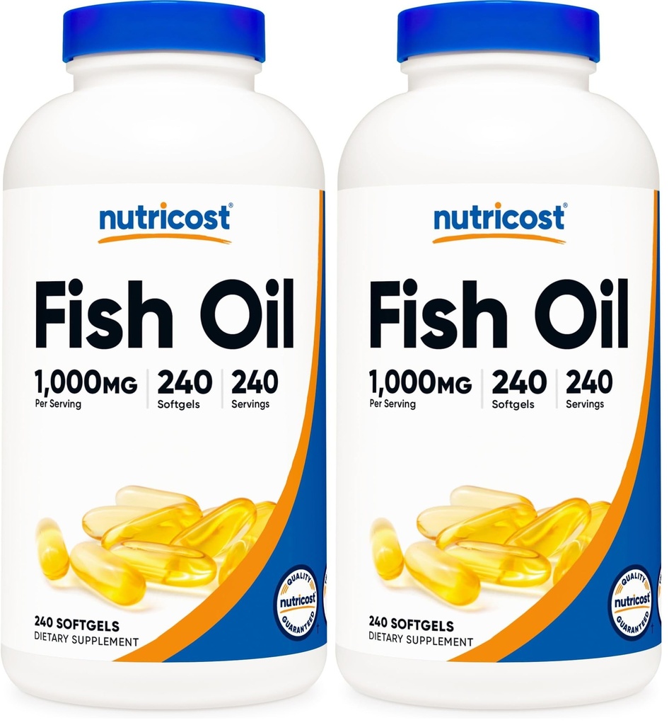 Nutricost Oil Omega 3 Softgels dengan EPA & DHA (1000mg of Fish Oil, 560mg dari Omega-3), 240 Softgeels, Non- GMO, Gluten Free. (Paket 2)