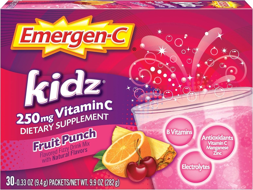 Emergen- C Kidz 250mg Kids Vitamin C Powder, Caffeine Free, Ammune Dukung Minum Mix, Fruit Punch Flavor - 30 Count / 1 Pasokan Bulan