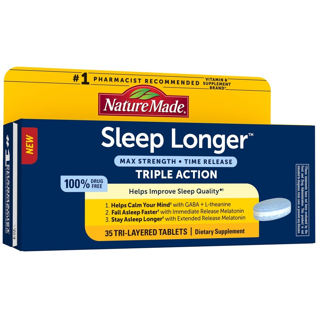 Nature Made Sleep Longer, Melonalin 10mg Time Rilis Layer Tablet, Membantu Impreve Sleep Quality, Fall Asleep Faster, Stay Alleep Longer, L- Theanine and GABA to Help Calm Your Mind, 35 tablet