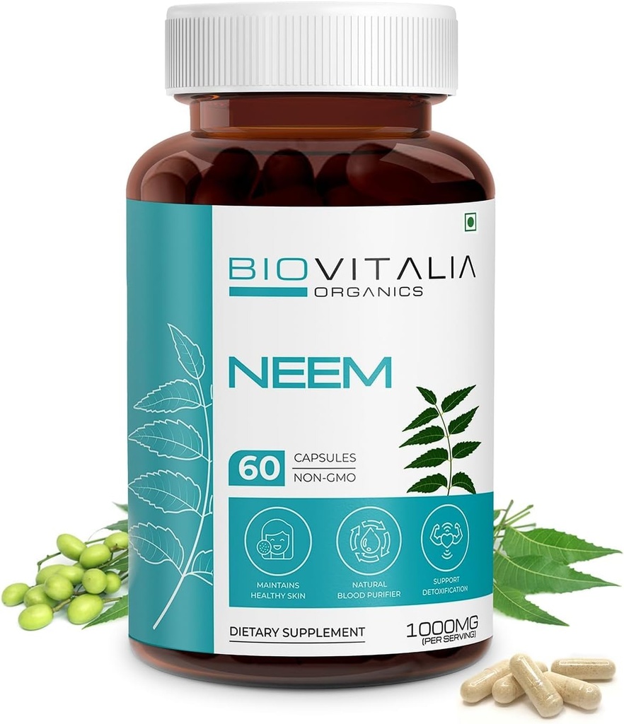 Biovitalia Plant Based Neem 100mg Capsule for Men & Women 124; Dietary Supplement £124; Dukung Detoksifikasi Sehat & Propiness - 60 Vegan Capsules