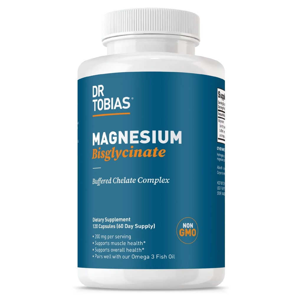 Dr. Tobias Magnesium Bisglycinate, Absorpsi Tinggi Magnesium Buffered Chelate Complex, 200 mg per Capsule, Supports Energy, Muscle, Bone & Joint Health, None-GMO Magnesium Suplemen, 120 Capsules