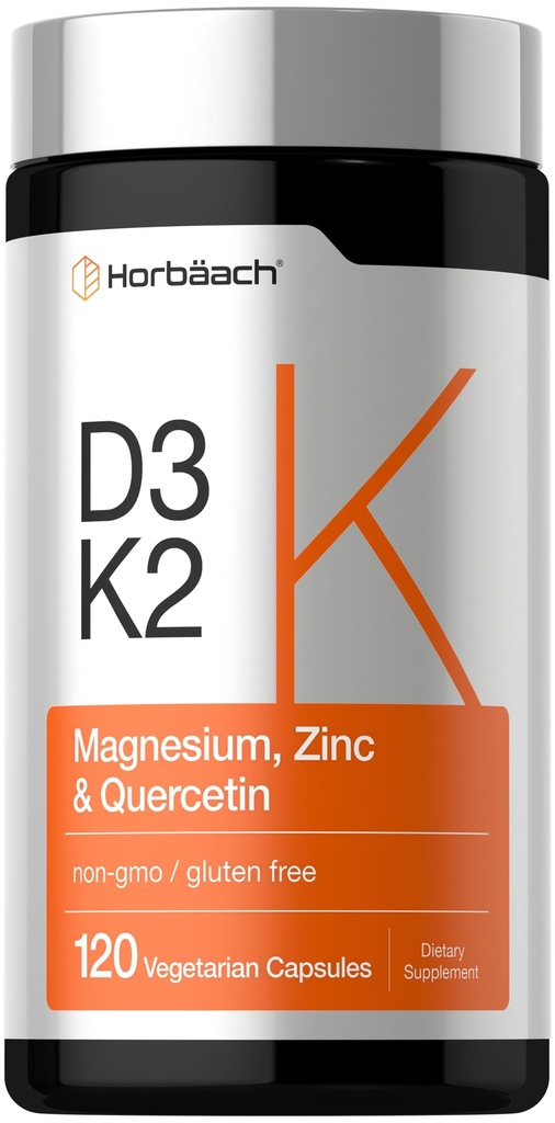 Horbäach Vitamin D3 K2 = 124; 5000 IU D3 124; 120 Capsules 126, Zinc, & Quercetin 124; Vegetarian, Non-GMO, Gluten Free Suplemen