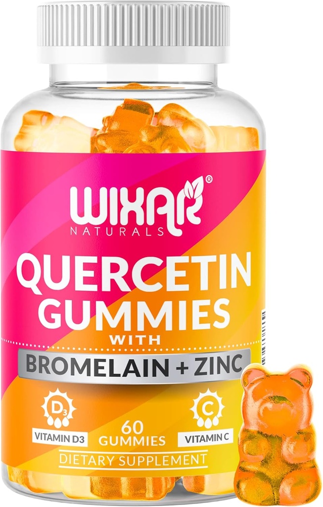 Quercetin Gummies - Quercetin 500mg dengan Bromelain, Zinc, Vitamin C & D3 - Quercetin Gummy Suplemen Imune dan Allergy - Imunity Booster Tambahan - 60 Chewable