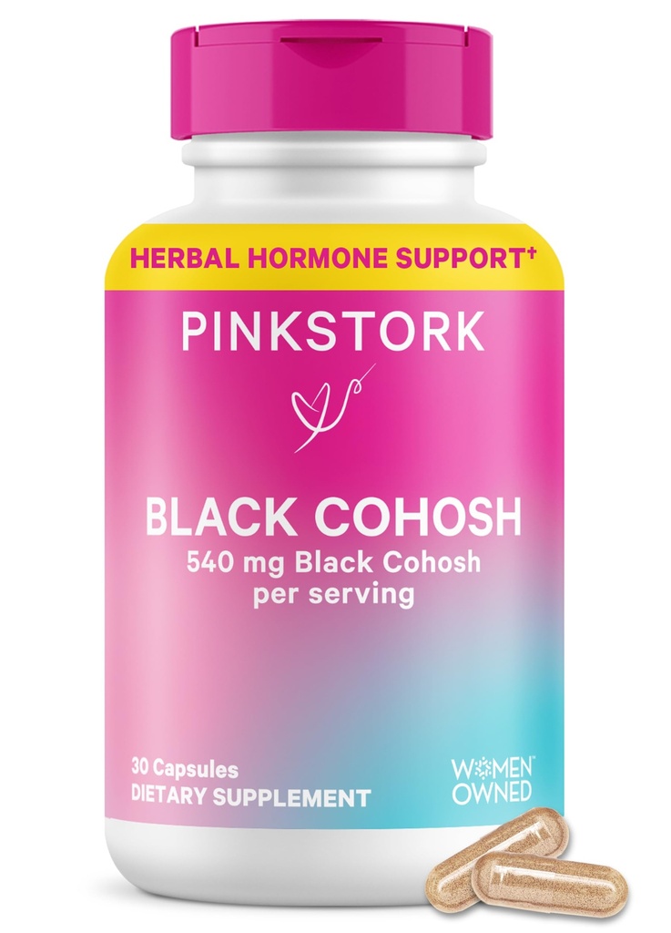 Pink Stork Black Cohosh Suplemen Perempuan - 540 mg Cohosh Hitam Murni untuk Perimenopause, Menopause Support - 30 Kapsul