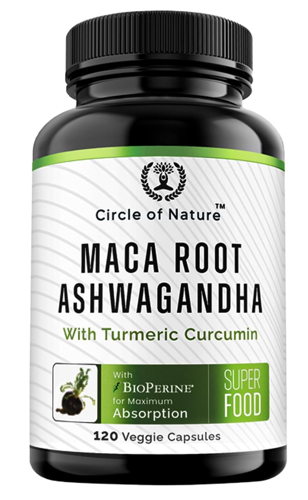 Maca Root, Ashwagandha Root Extract, Capsules for Men & Women with Turmeriic Curcumin and Bioperine 120 Capsules Made in USA