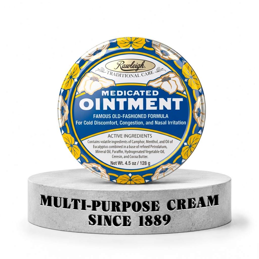 Rawleigh Medicated Oastered: 4.5 oz Blue Tin, Dewasa & Anak-Anak: Topical Chest Gosok Dingin, Konsultan Nasal, Aches Minor dan Pain, dengan Camphor, Menecalyptus, Non-Greasy Formula - Kembang 1