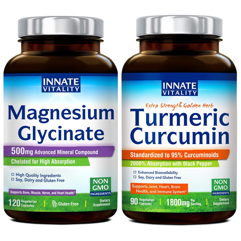 Innate Vitalitas Magnesium Glycinate & Turmeric Bundle, Abupsi Tinggi, Gabungan, Muscle & Nerve Health, Black Pepper Extract, Bundle & Save, 120 Capsules & 90 Capsule
