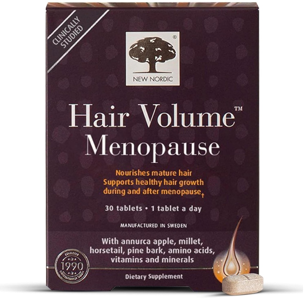 Volume Rambut Menopause Baru Nordic, Mendukung Pertumbuhan Rambut Sehat Selama dan Setelah Menopause, Pine Bark dan Annuca Apple Extract, 30 Tablet
