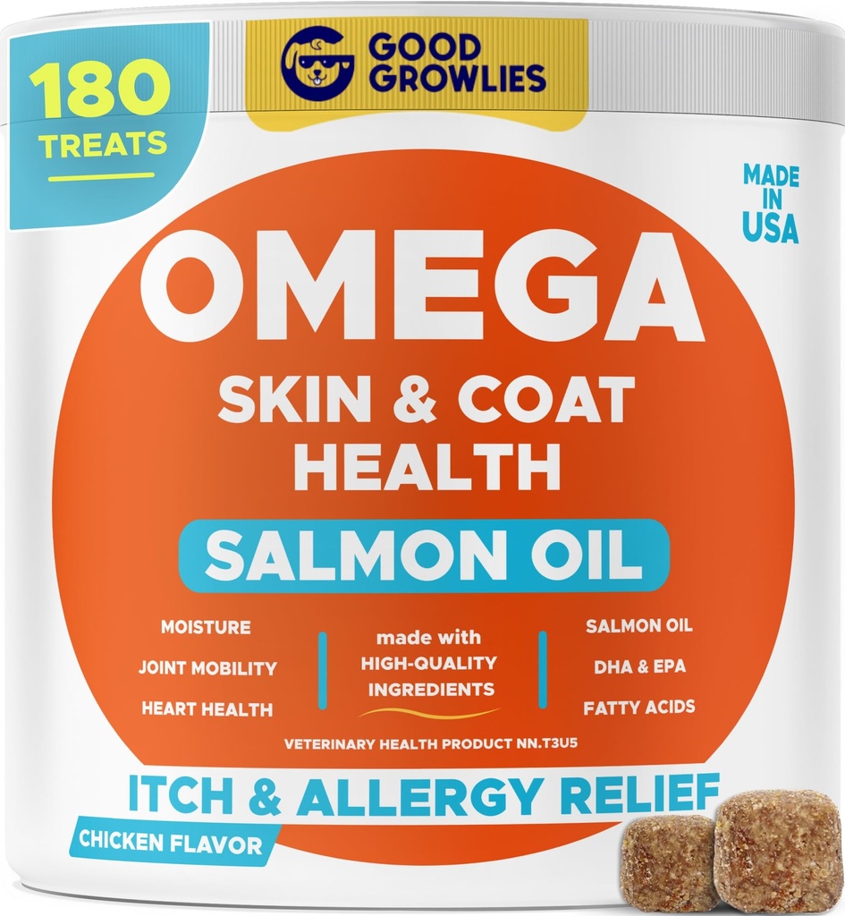 Omega 3 Fish Oil for Dogs (180 Ct) - Skin & Coat Chews - Dry & Itchy Skin Relief + Allergy Dup - Shiny Coats - EPA & DHA Fatty Acids - Natural Salmon Oil Chews Promites Heart, Hip & Gabungan Dukungan