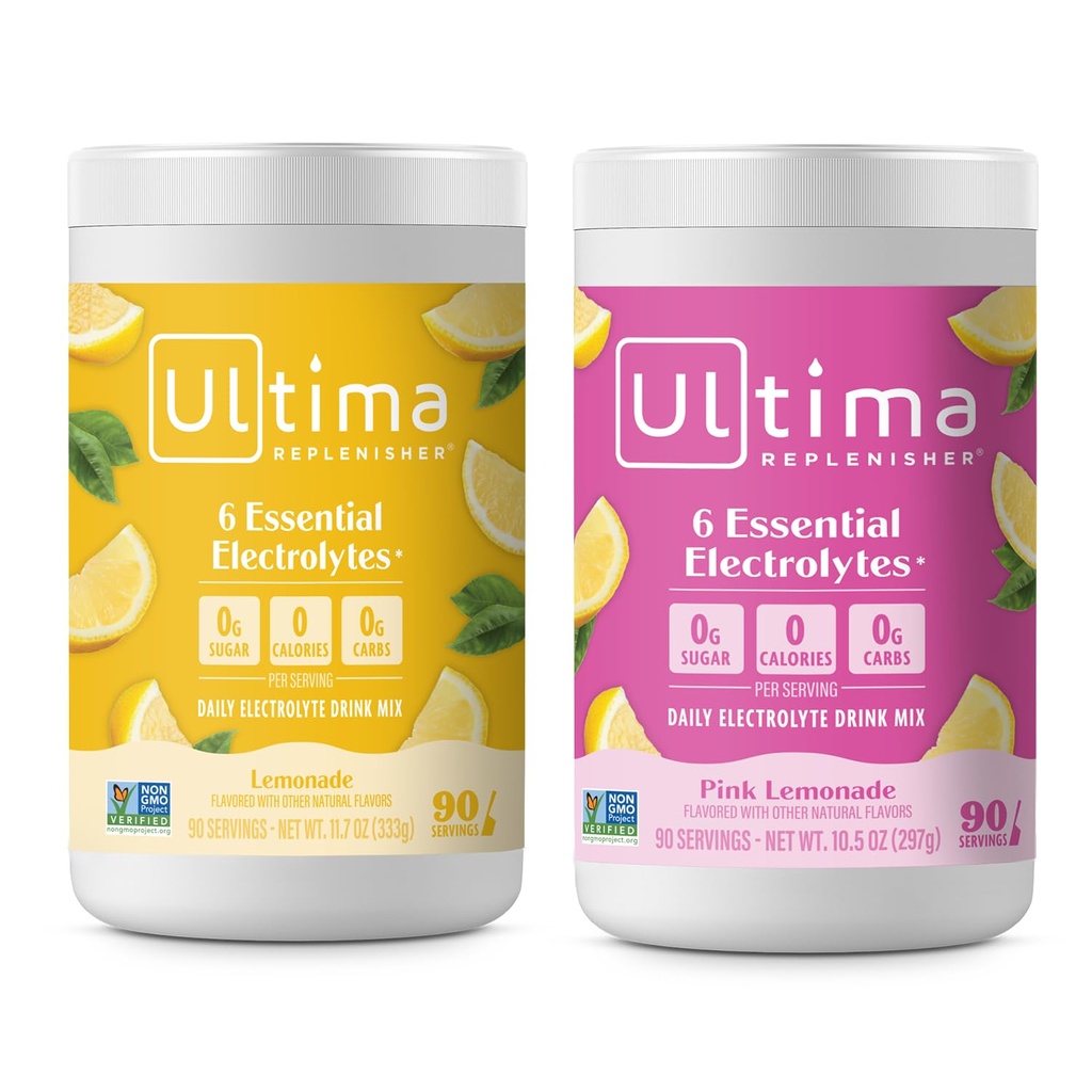 Ultima Replenisher Electrolite Powder Mix Bundle - Sugar Free - Limun dan Pink Lemonade, 90 Serbuk Hidration - 6 Key Electrolytes dan Trace Minex- Keto Friendly, Non-GMO