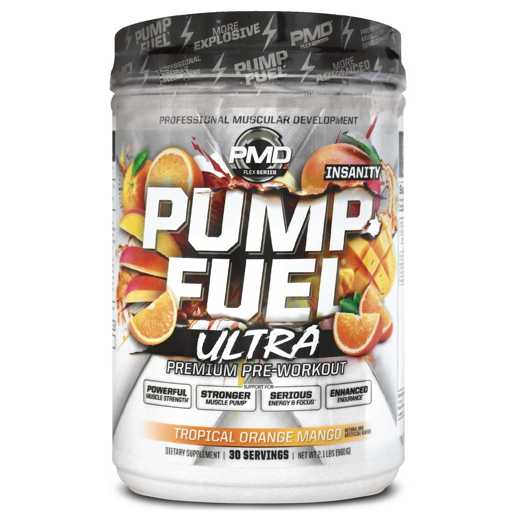 PMD Sports Pump Fuel Ultra Insanity - Premium Premium Premiout Popper & Muscle Pump, Greater Focus, Endurance & Recovery, Premium Creatine, Arginine & Beta Alanine, Tropical Orange Mango (30 Pelayan)