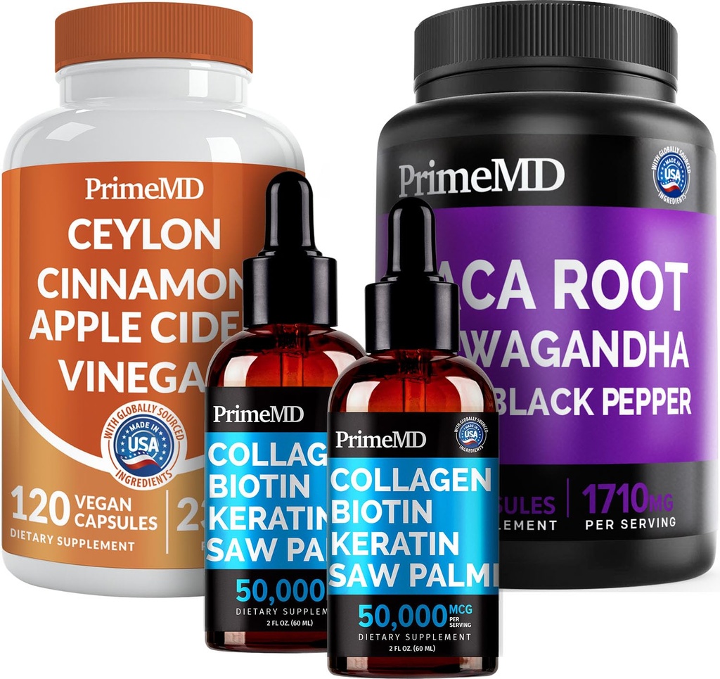 5-in- 1 Cinnamon Ceylon (120ct), 4-1 Biotin Collagen Keratin Saw palmetto (2 fl oz - 2 Pack) & 6-1 Maga Root Ashwagandha (120ct) Bundle - Energy, Mood, Hair, Skin & Imune Dukungan Suplemen