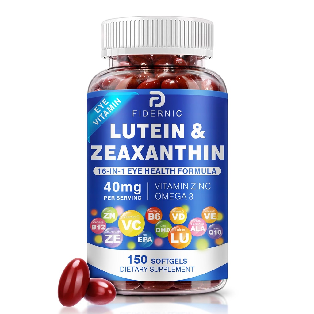 Suplemen Lutein dan Avoxanthin - AREDS 2 plus + Eye Vitamin, 40 mg Lutein & 8 mg Dalxanthin dengan Vitamin C, E, Zinc, Omega-3 & CoQ10 untuk Perlindungan Cahaya Biru, Dukungan Kesehatan Mata - 150 Softgeels