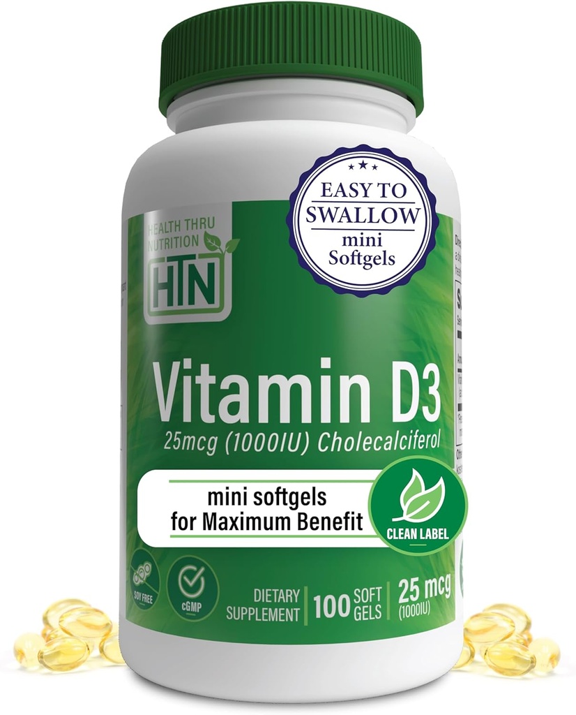 Health Thru Nutrition Vitamin D3 1.000iu 100 Mini Softgels for Maximum Benefit, 124; 25mcg Cholecalferol 124; 3rd Party Tested 124; Non-GMO USP Tingkat dalam EVOO Organik 124; Dukungan Kesehatan Ammune