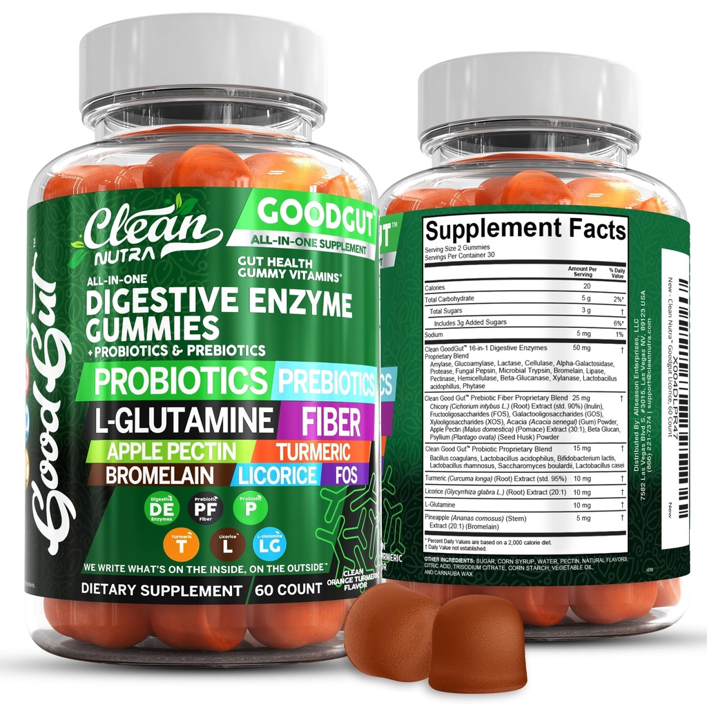 Clean Nutraceuticals Digetical Enzymes with Progetic & Pregories for Digetical Health Gummies & L- Glutamine for Gut Health Bromelain Apple Pectin Inulin FOS Plant Based Vegan Gummy Vitamins
