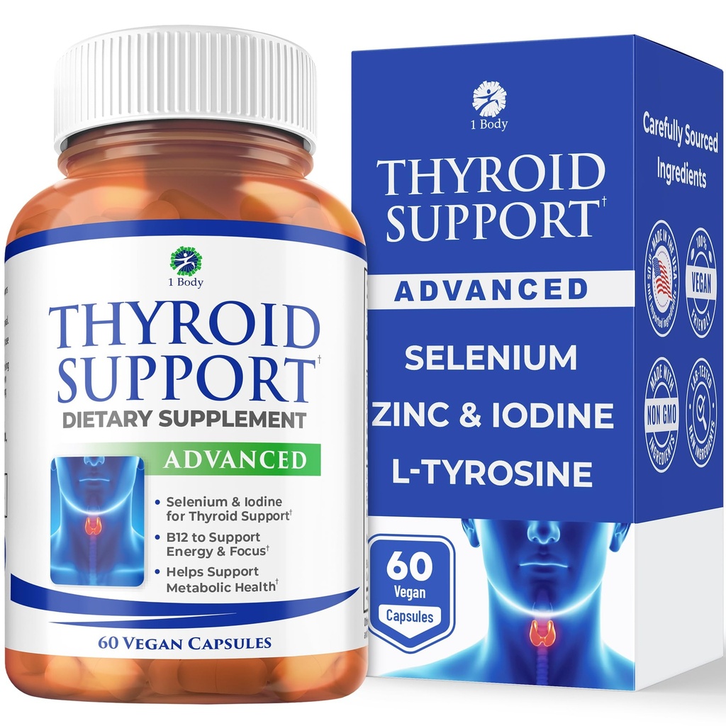 1 Tubuh Thyroid Dukungan untuk Perempuan dan Pria, Selenium dengan Iodin, Zinc, B12, Ashwagandha dan L- Tyrosine, Supports Hormone Kesehatan, Energi dan Metabolisme, 30 Hari Suppply