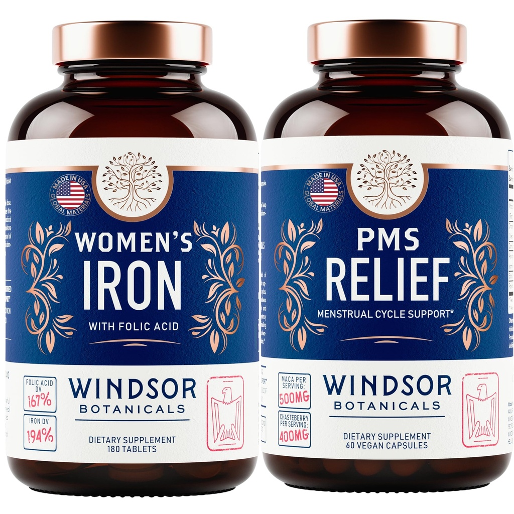 WINDSOR BOTANICALS Iron Suplement and PMS Relief Bundle for Women