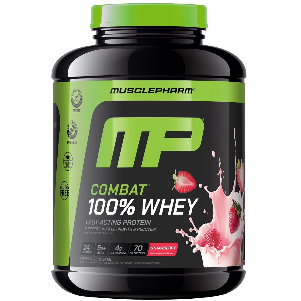 MusclePharm Combat 100% Whiy Protein Powder, Strawberry Cream Flavor, Fast Recovery & Muscle Gain with Whey Protein Isolate, High Protein Powder for Women, Gluten Free, 5 Ibs, 70 Servings