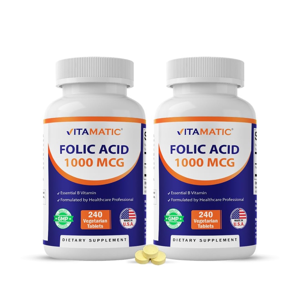 Vitamin Folic Acid 1000 mcg (1 mg) - 240 tablet Vegetarian (Paket 2) 1667 mcg DFE - Vitamin B9 untuk Prenatal, Heart & Cellular Health