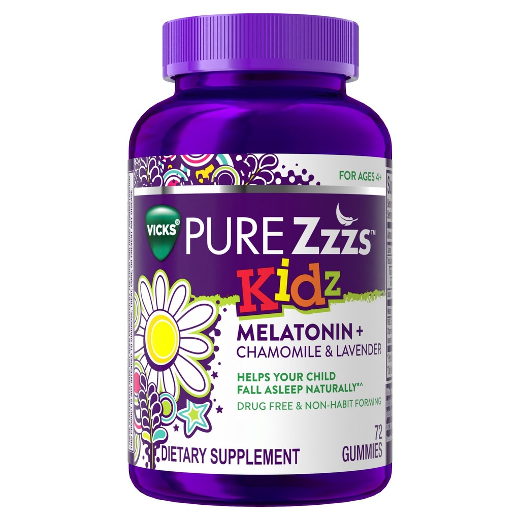 PURE Zzzs Kitz, Kids Melonain Gummy, Sleep Amount of Melonain untuk Anak-anak, dengan Chamomile dan Lavender, Melonain 1 mg, Melonalin Gummies Kids, Berry Flavored, 72 Sleep Gummies