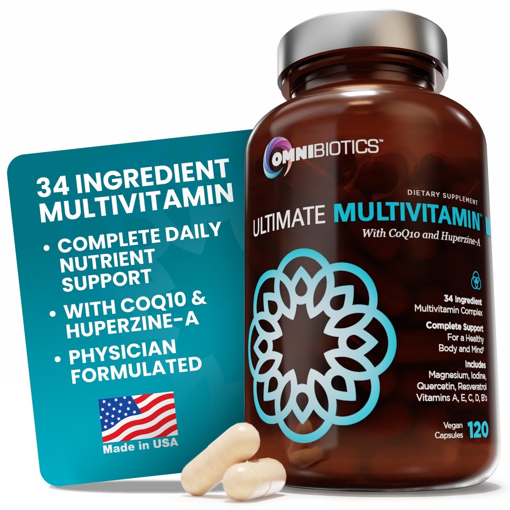 OmniBiotics Ultimate Daily Multivitamin for Women & Men - 34 Escalypse Ingreations termasuk Vitamin A, C, D, E, B6, B12, Biotin, Zinc - 120 Vegan Capsules