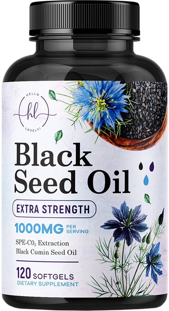 Softgeels Minyak Benih Hitam 1000mg - Premium Nigella Sativa Blackseed, Pure Natural Black Cumin Oil & Antioksidant untuk Dukungan Skin & Imune - Non GMO, Botol di AS Tambahan - 120 Softgeels