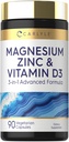 Carlyle Magnesium Zinc dan Vitamin D3 124; 90 Capsules 124; 3-1 Advanced Formula 124; Vegetarian, Non-GMO dan Gluten Free